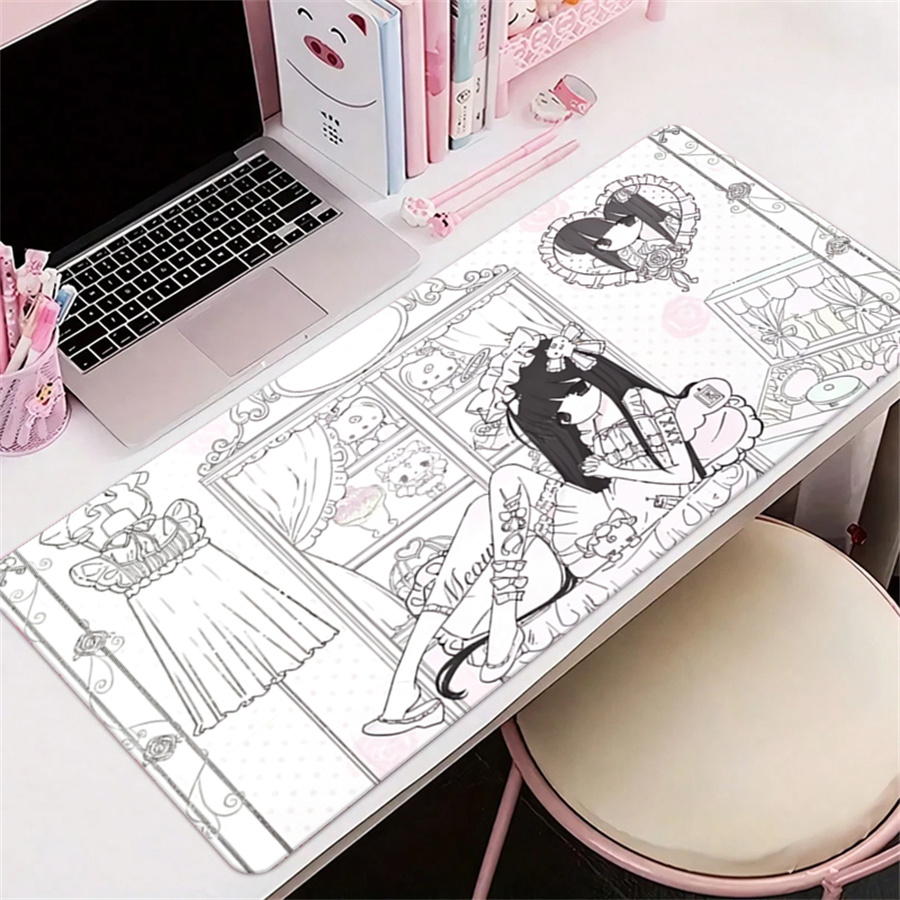 Leather Desk Pad - Anime-Ästhetik Leder-Mauspad Rosa Weiß Engel Schreibtischunterlage